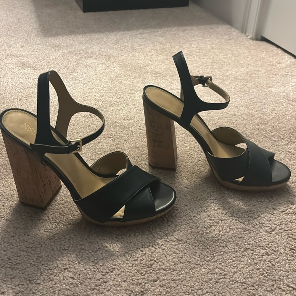 Michael Kors dark blue cork heeled sandals with gold buckles